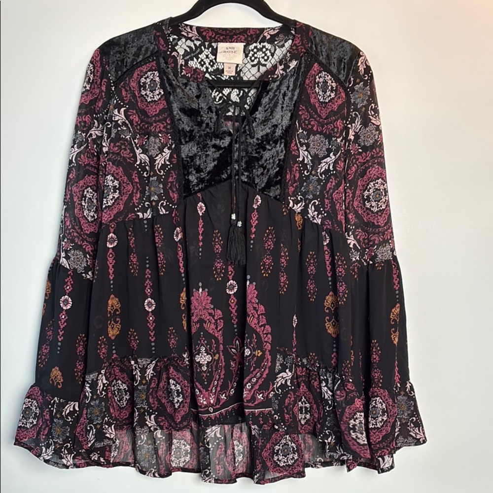 Bohemian Knox Rose Black and Pink Patterned Blouse Relaxed Fit